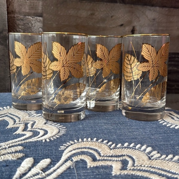 Libbey Glass set of 4 gold leaf tumblers mid century modern golden foliage gilt - Picture 2 of 10